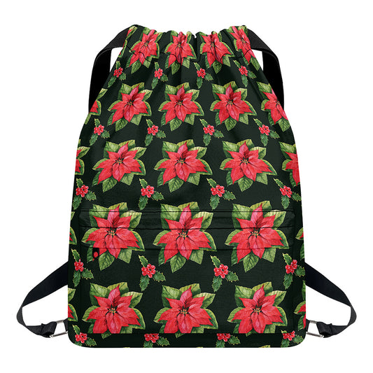 Watercolor Christmas Poinsettia Print Drawstring Backpack
