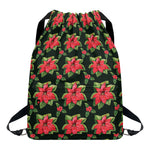 Watercolor Christmas Poinsettia Print Drawstring Backpack