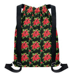 Watercolor Christmas Poinsettia Print Drawstring Backpack