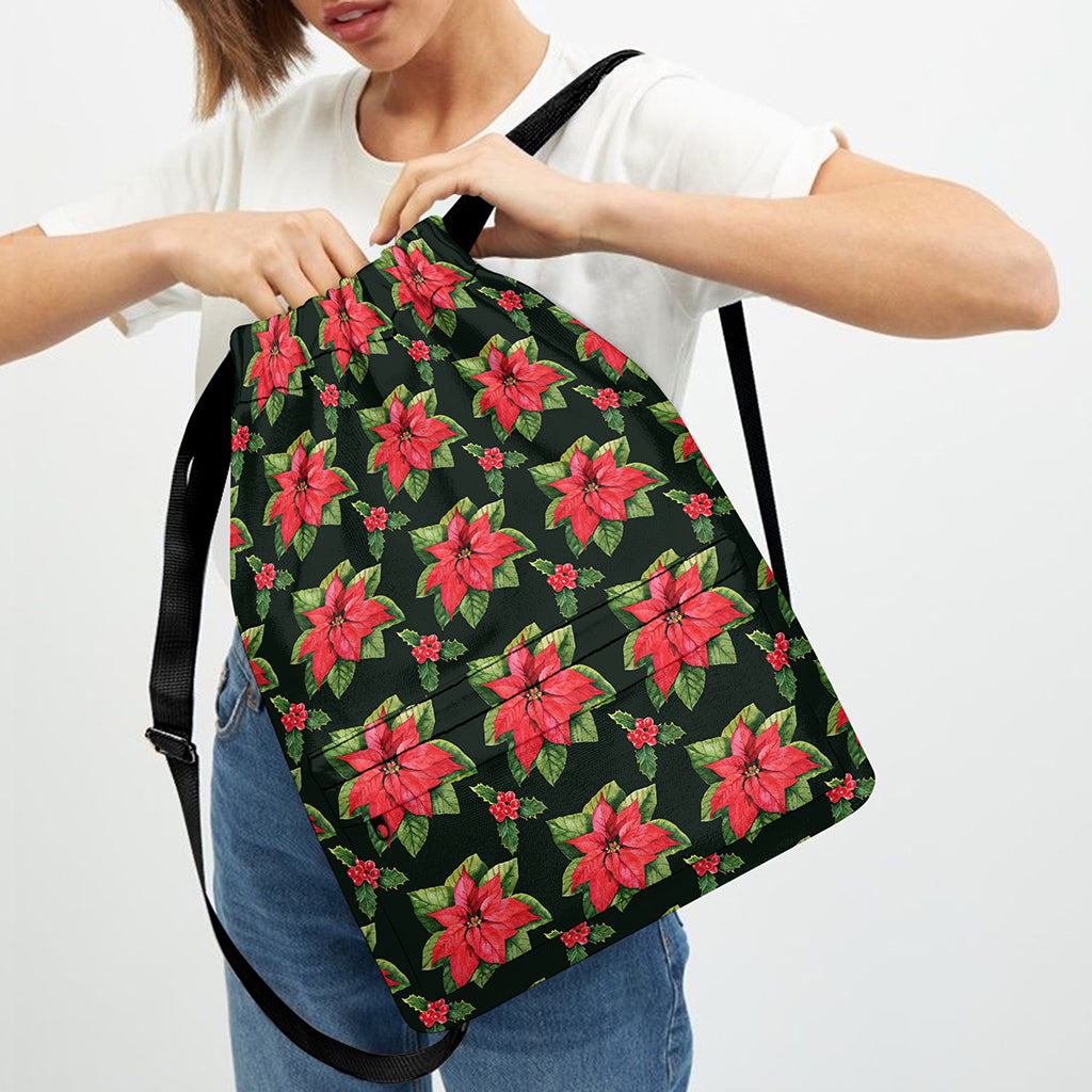 Watercolor Christmas Poinsettia Print Drawstring Backpack