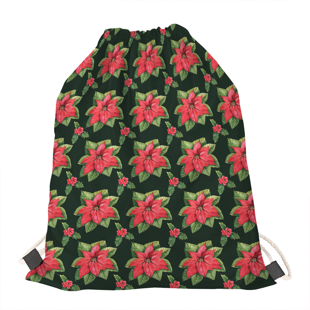 Watercolor Christmas Poinsettia Print Drawstring Bag