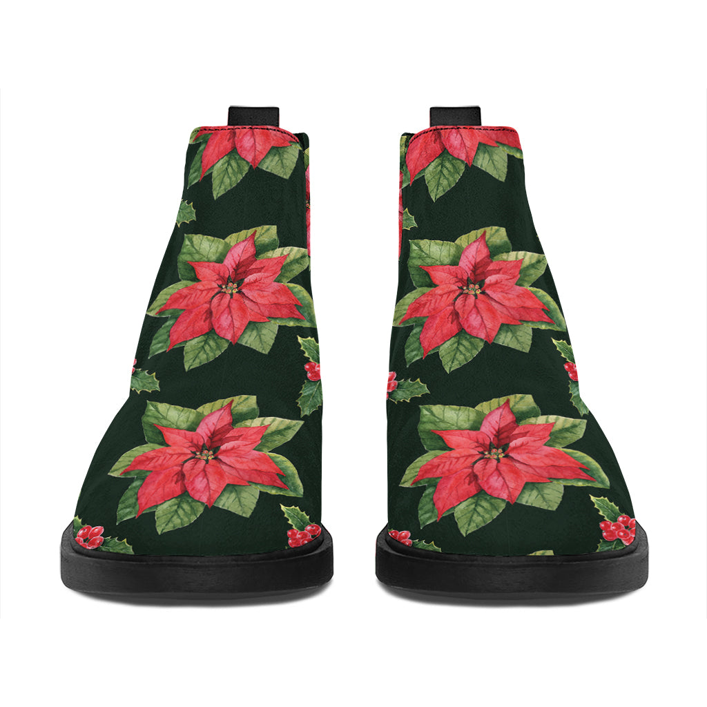 Watercolor Christmas Poinsettia Print Flat Ankle Boots