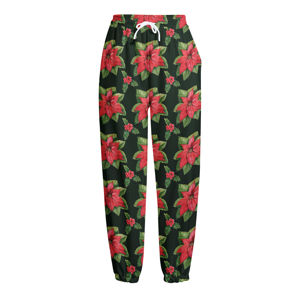 Watercolor Christmas Poinsettia Print Fleece Lined Knit Pants