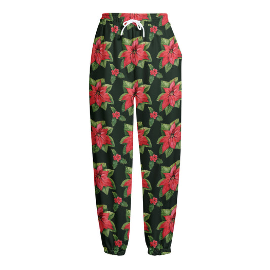 Watercolor Christmas Poinsettia Print Fleece Lined Knit Pants