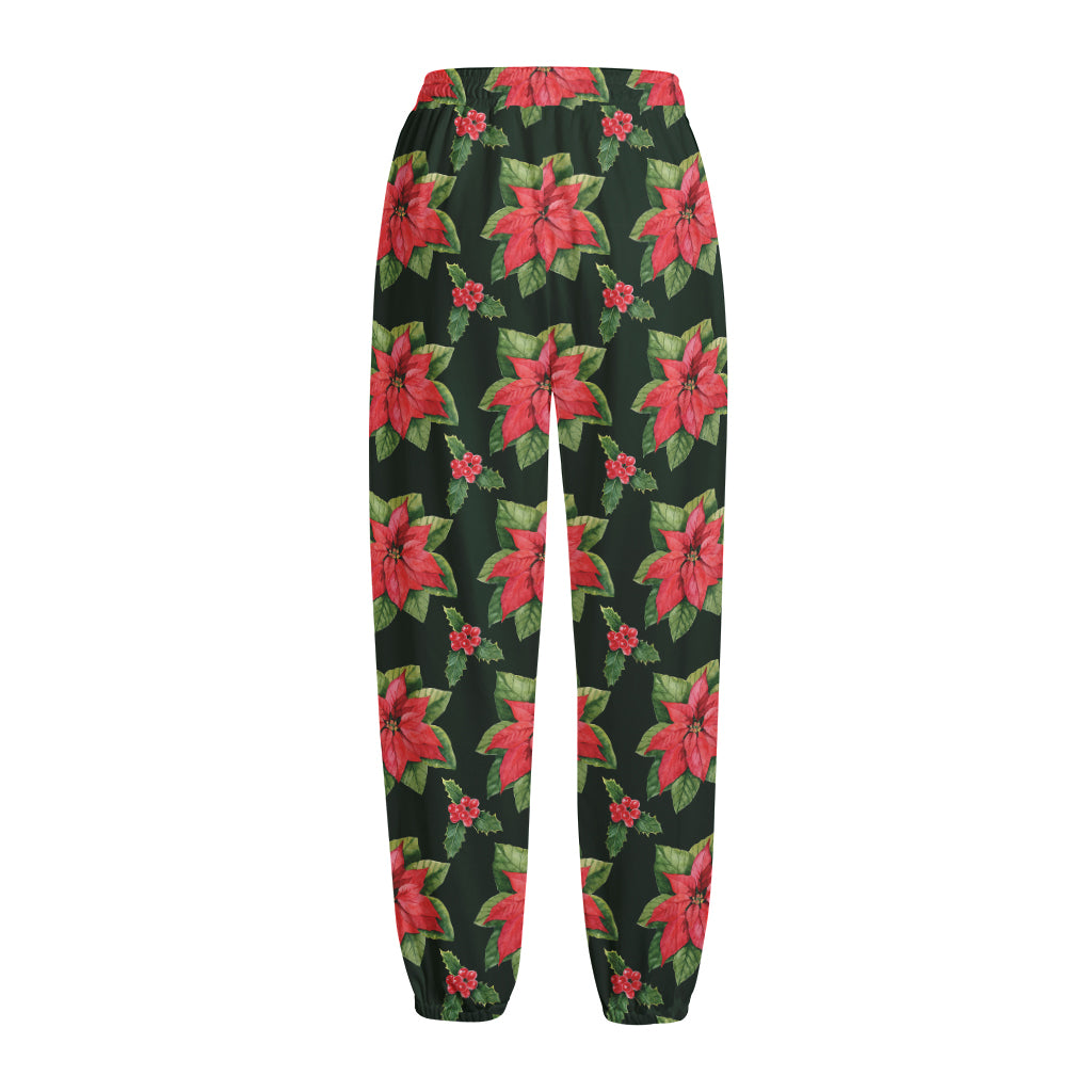 Watercolor Christmas Poinsettia Print Fleece Lined Knit Pants