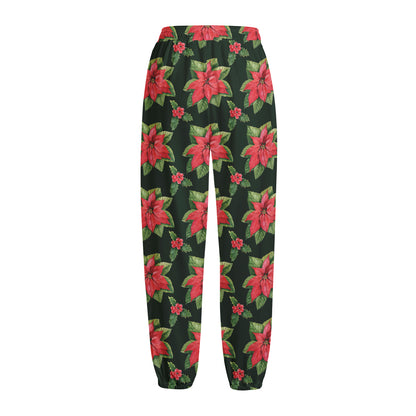 Watercolor Christmas Poinsettia Print Fleece Lined Knit Pants