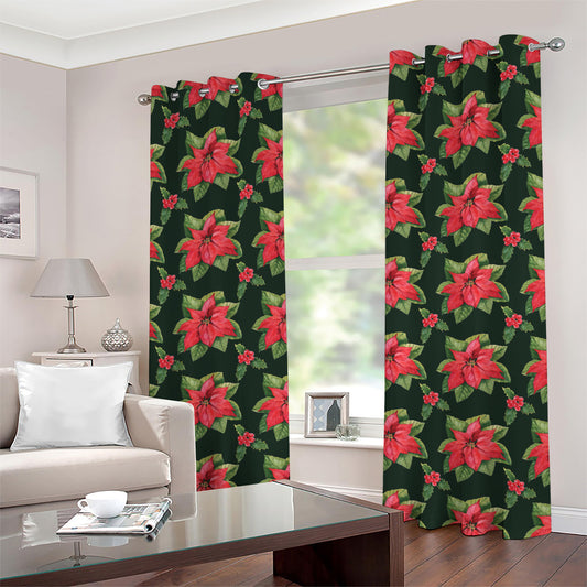 Watercolor Christmas Poinsettia Print Grommet Curtains