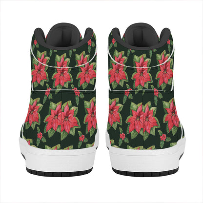Watercolor Christmas Poinsettia Print High Top Leather Sneakers