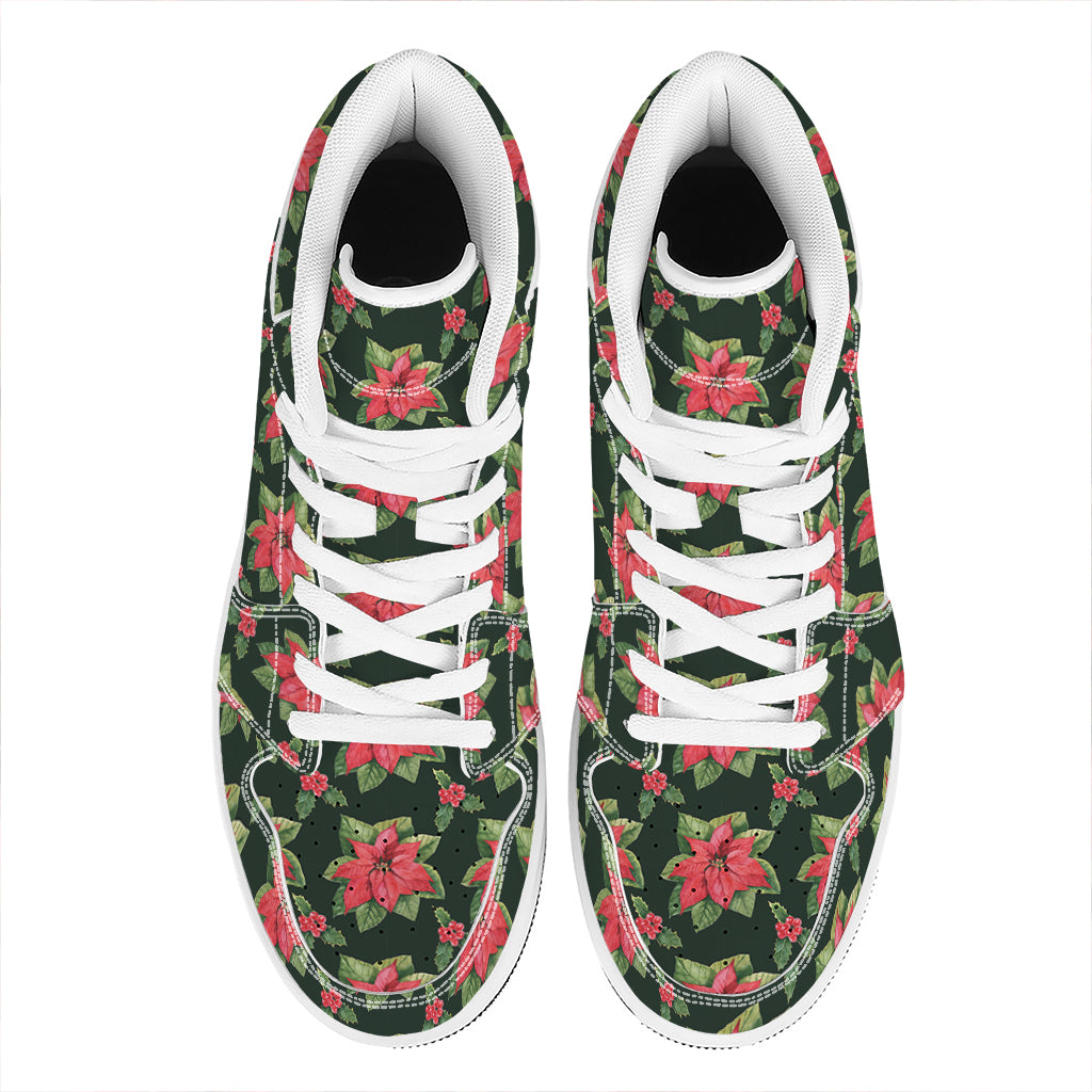 Watercolor Christmas Poinsettia Print High Top Leather Sneakers