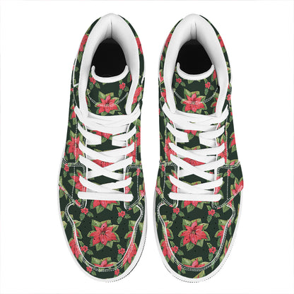Watercolor Christmas Poinsettia Print High Top Leather Sneakers