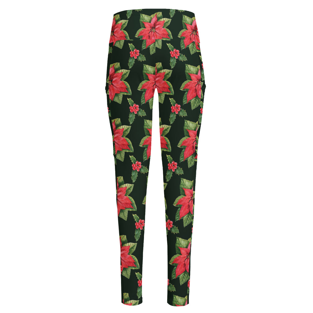 Watercolor Christmas Poinsettia Print High-Waisted Pocket Leggings