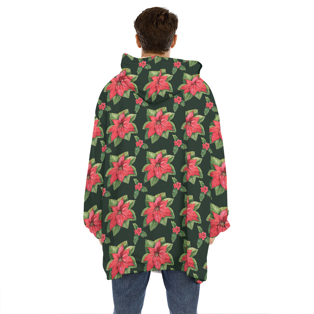 Watercolor Christmas Poinsettia Print Hoodie Blanket