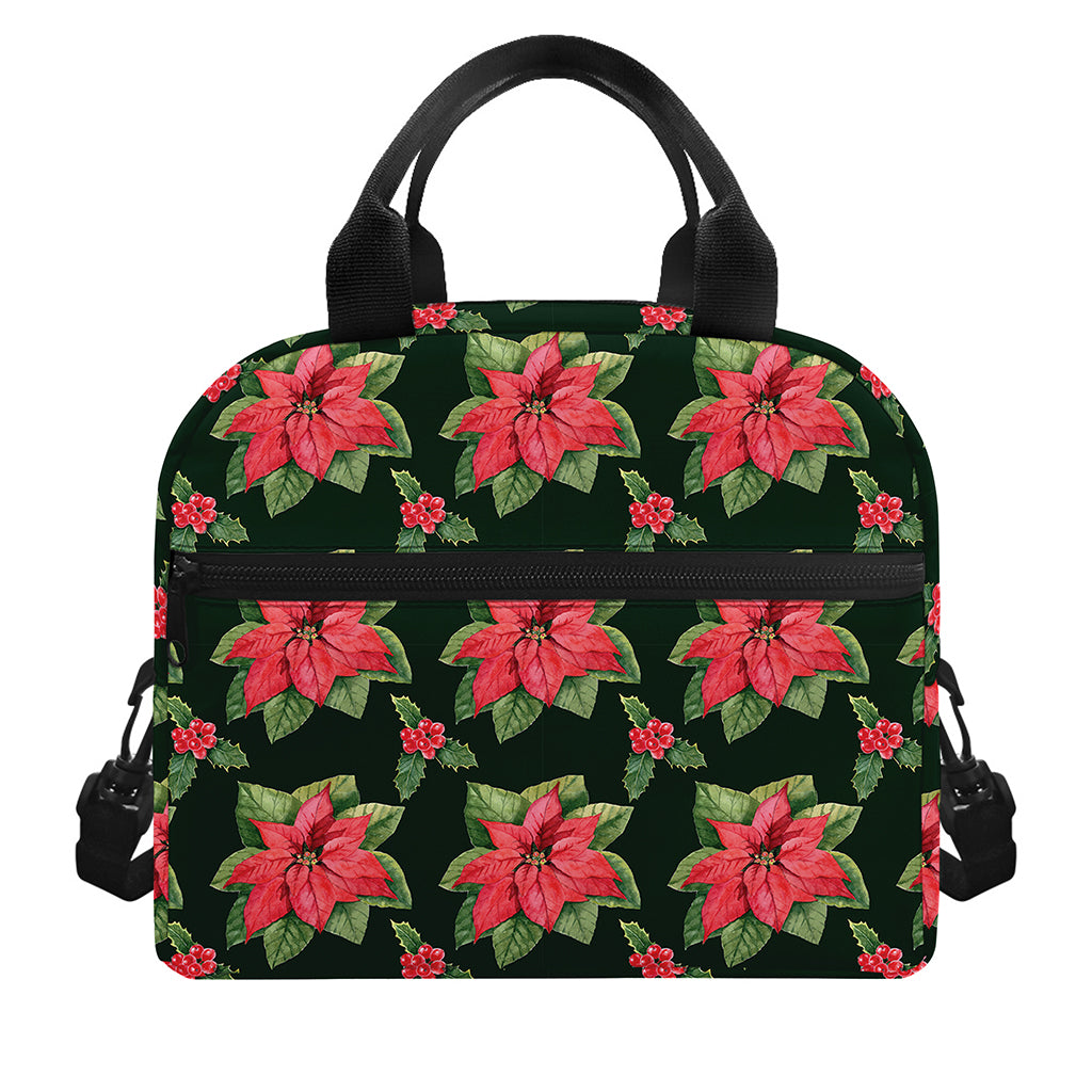 Watercolor Christmas Poinsettia Print Insulated Lunch Bag
