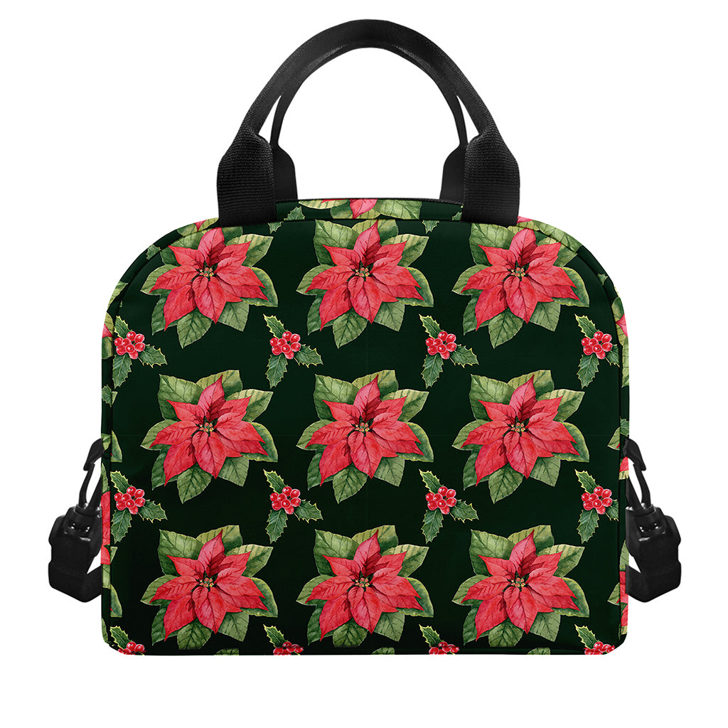 Watercolor Christmas Poinsettia Print Insulated Lunch Bag