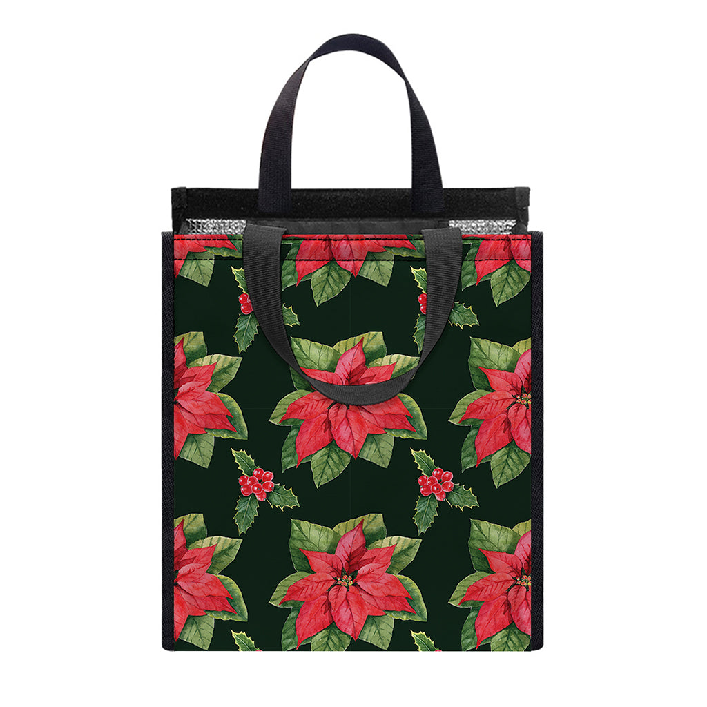 Watercolor Christmas Poinsettia Print Insulated Lunch Tote