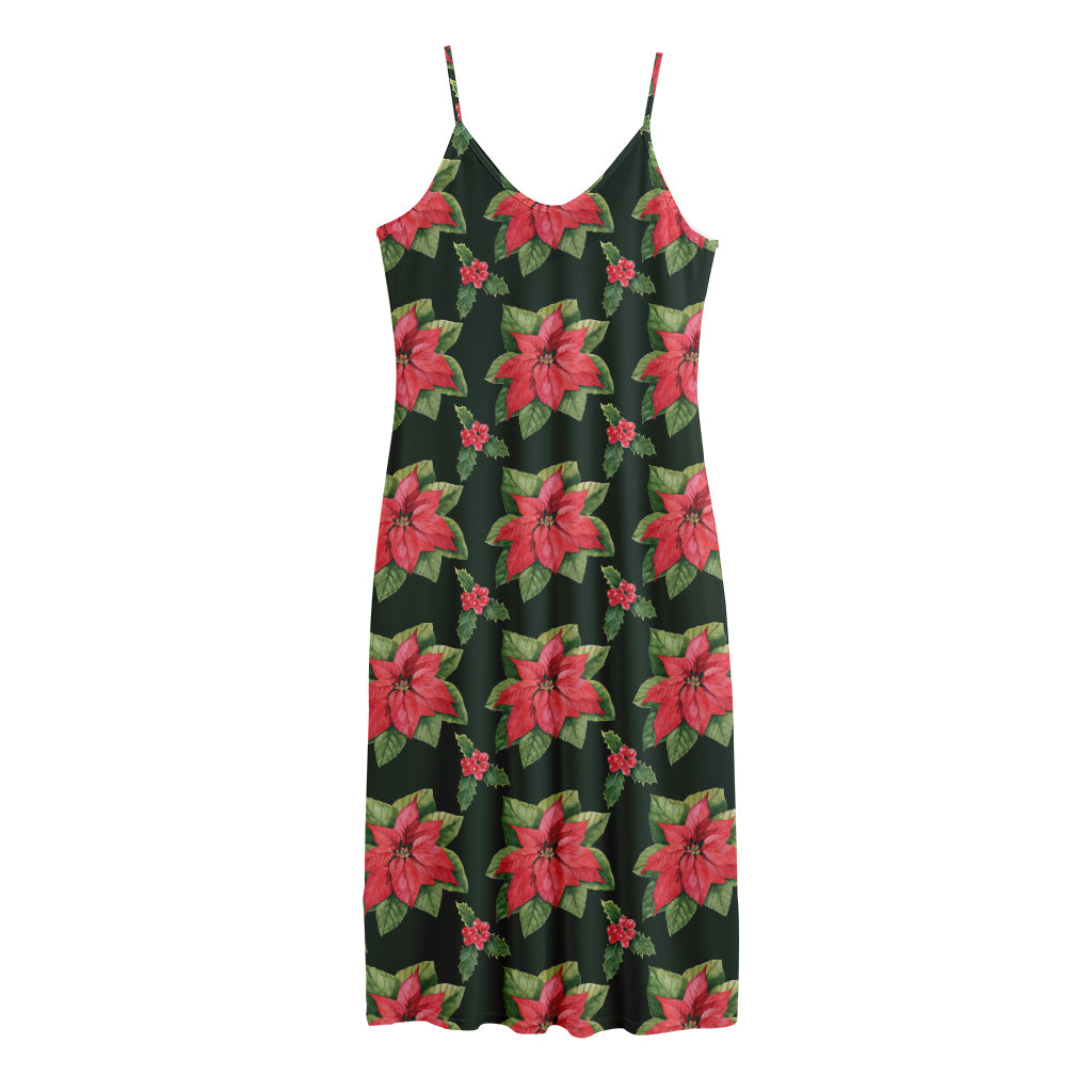 Watercolor Christmas Poinsettia Print Jersey Midi Cami Dress