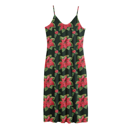 Watercolor Christmas Poinsettia Print Jersey Midi Cami Dress