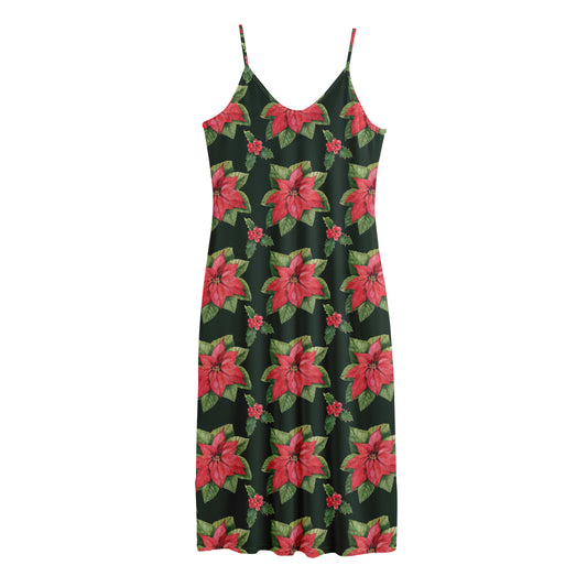 Watercolor Christmas Poinsettia Print Jersey Midi Cami Dress