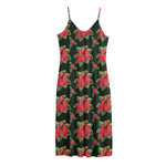 Watercolor Christmas Poinsettia Print Jersey Midi Cami Dress