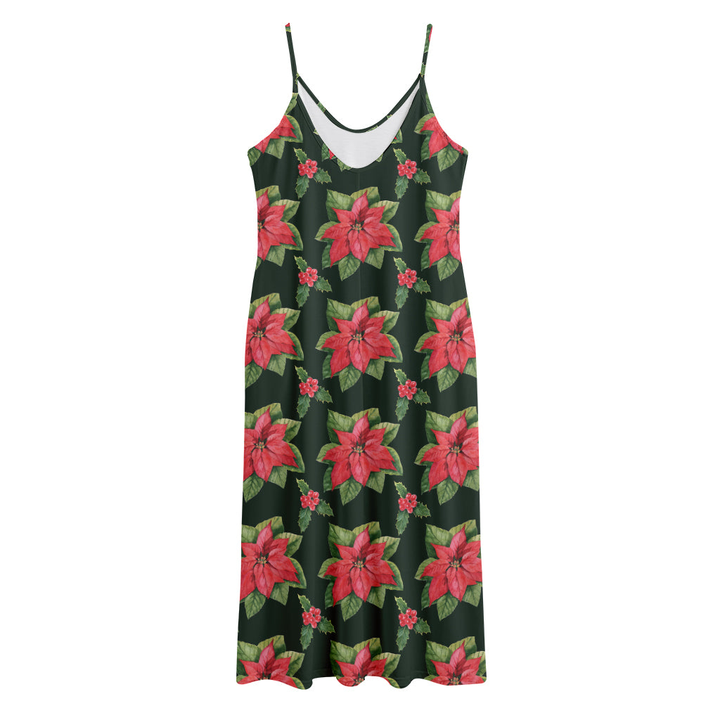 Watercolor Christmas Poinsettia Print Jersey Midi Cami Dress
