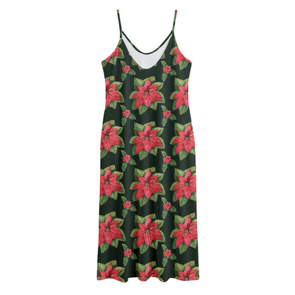 Watercolor Christmas Poinsettia Print Jersey Midi Cami Dress