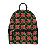 Watercolor Christmas Poinsettia Print Leather Backpack