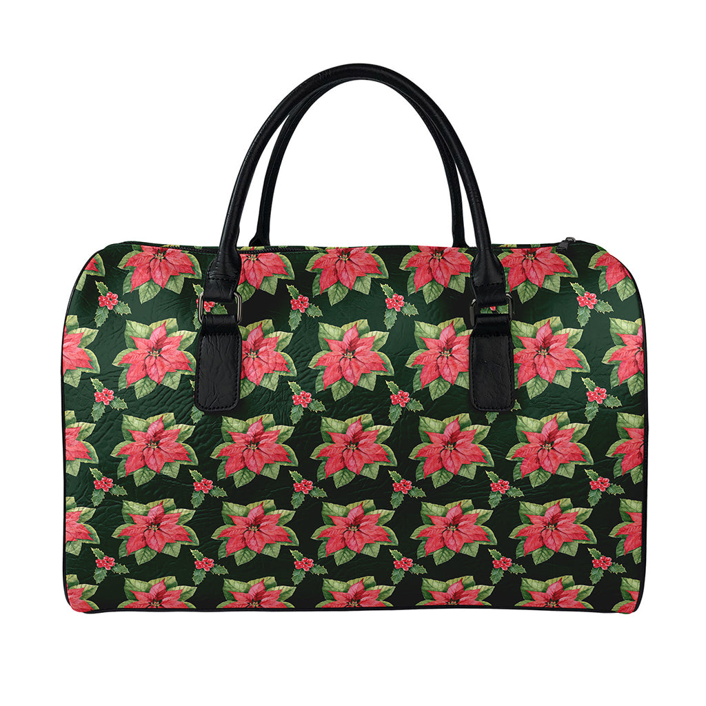 Watercolor Christmas Poinsettia Print Leather Duffle Bag