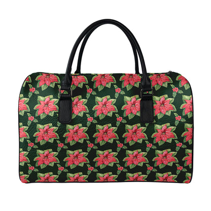 Watercolor Christmas Poinsettia Print Leather Duffle Bag