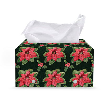 Watercolor Christmas Poinsettia Print Leather Tissue Box Cover