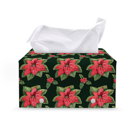 Watercolor Christmas Poinsettia Print Leather Tissue Box Cover