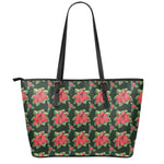 Watercolor Christmas Poinsettia Print Leather Tote Bag
