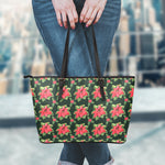 Watercolor Christmas Poinsettia Print Leather Tote Bag