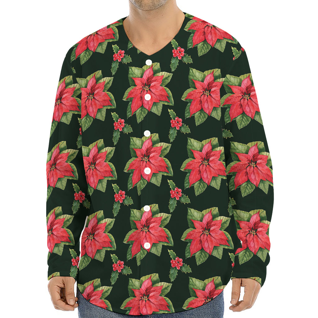 Watercolor Christmas Poinsettia Print Long Sleeve Baseball Jersey