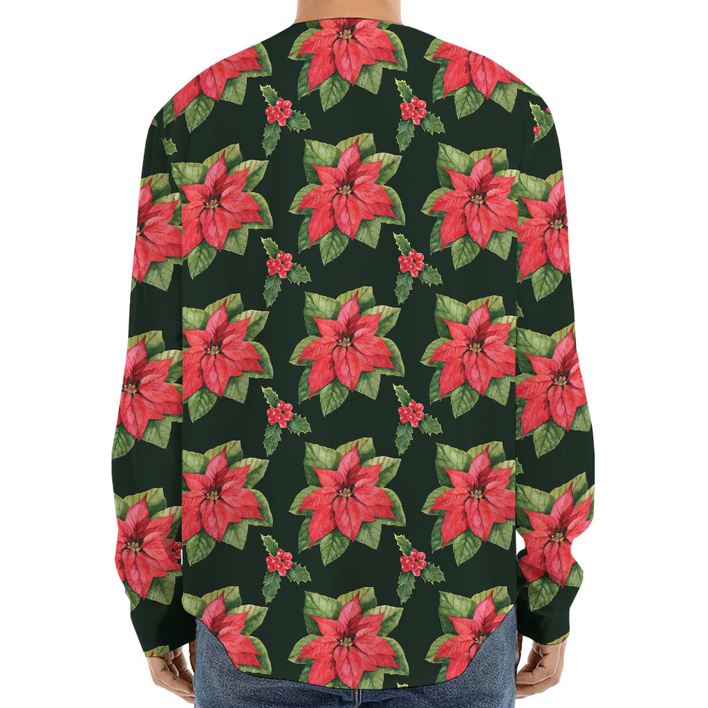 Watercolor Christmas Poinsettia Print Long Sleeve Baseball Jersey