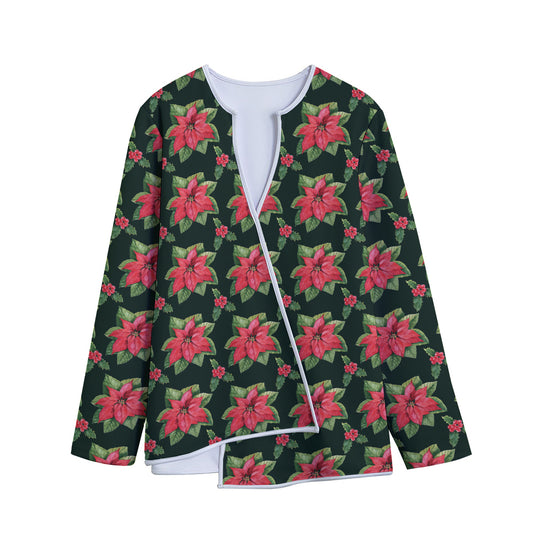 Watercolor Christmas Poinsettia Print Long Sleeve Short Coat
