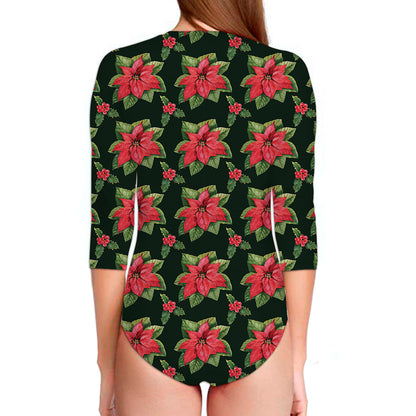 Watercolor Christmas Poinsettia Print Long Sleeve Swimsuit