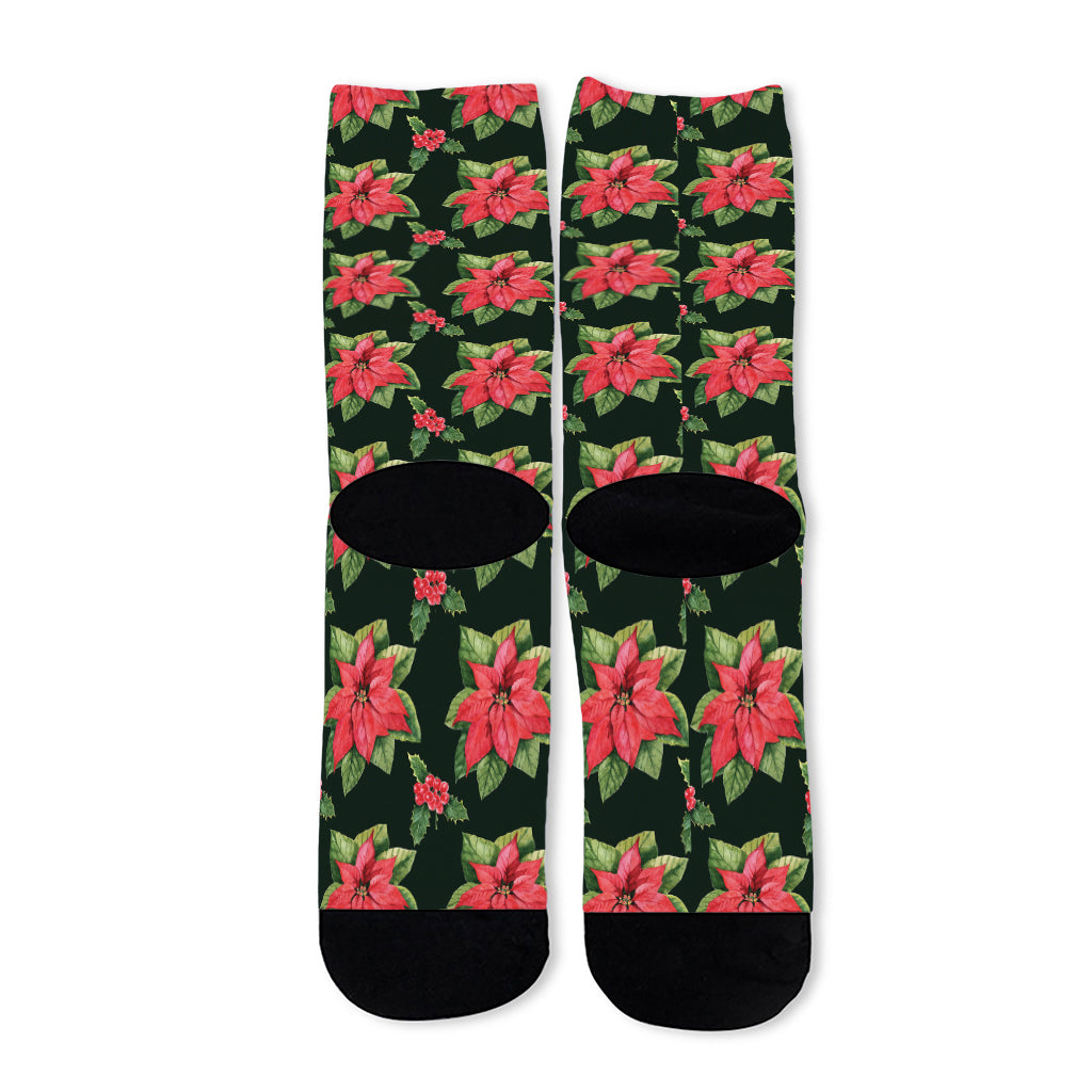 Watercolor Christmas Poinsettia Print Long Socks