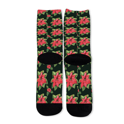 Watercolor Christmas Poinsettia Print Long Socks