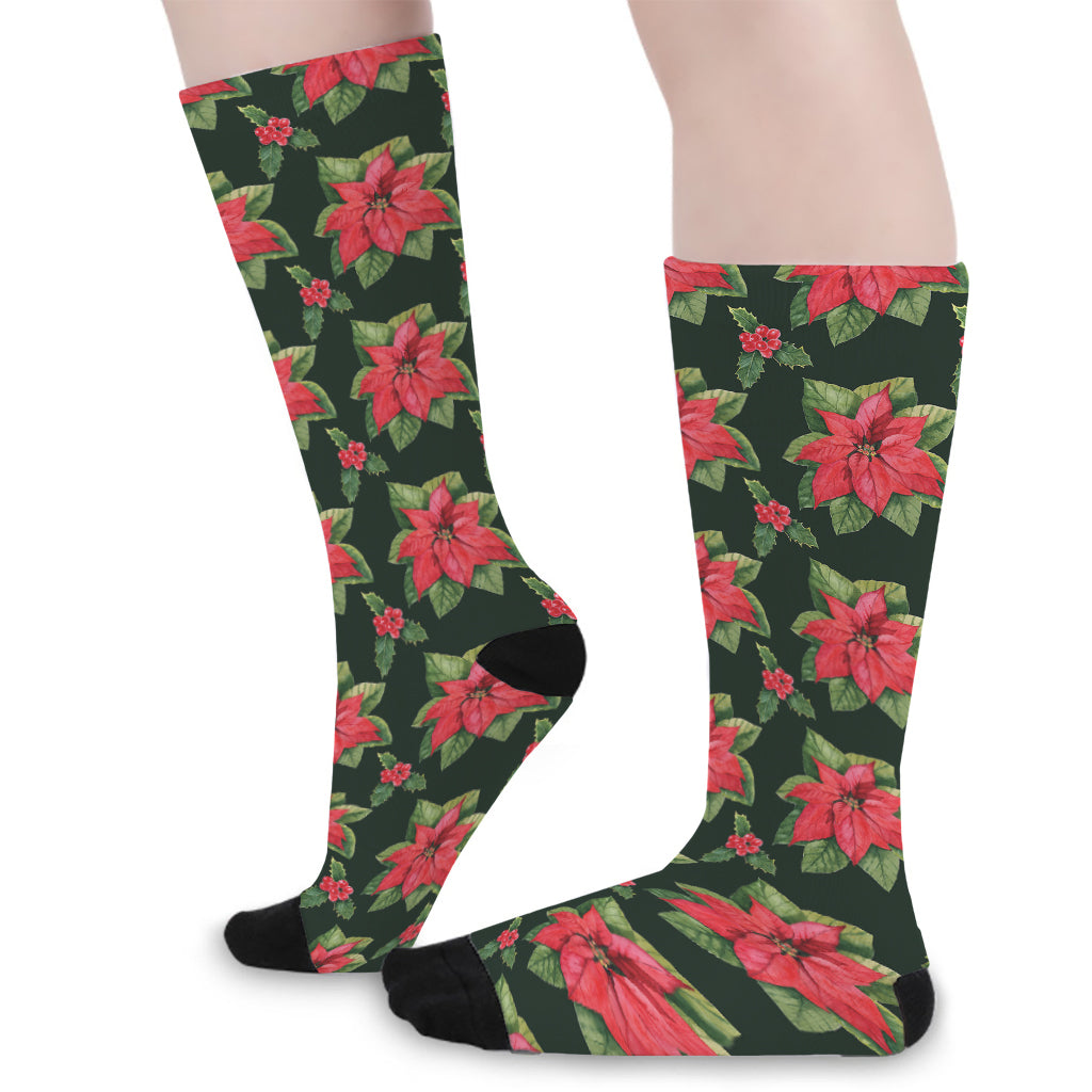 Watercolor Christmas Poinsettia Print Long Socks
