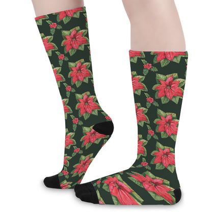 Watercolor Christmas Poinsettia Print Long Socks
