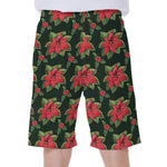 Watercolor Christmas Poinsettia Print Men's Beach Shorts