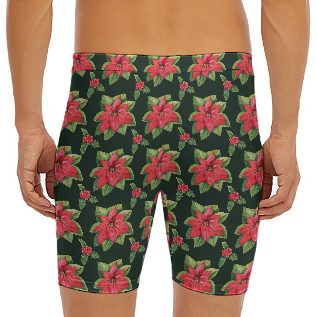 Watercolor Christmas Poinsettia Print Men's Long Boxer Briefs