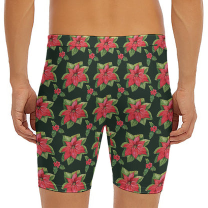 Watercolor Christmas Poinsettia Print Men's Long Boxer Briefs