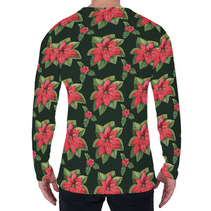 Watercolor Christmas Poinsettia Print Men's Long Sleeve T-Shirt