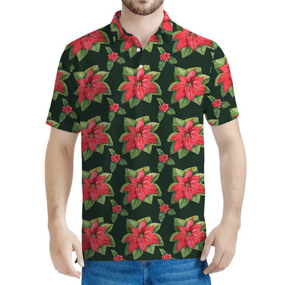 Watercolor Christmas Poinsettia Print Men's Polo Shirt
