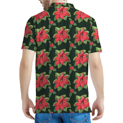 Watercolor Christmas Poinsettia Print Men's Polo Shirt