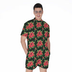Watercolor Christmas Poinsettia Print Men's Rompers