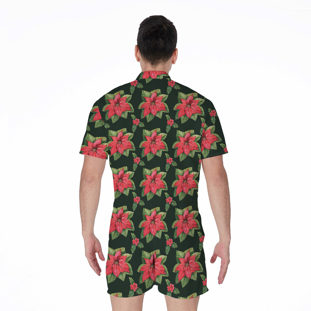 Watercolor Christmas Poinsettia Print Men's Rompers
