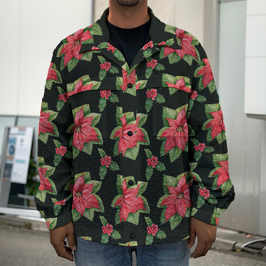 Watercolor Christmas Poinsettia Print Men's Shirt Jacket