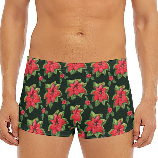 Watercolor Christmas Poinsettia Print Men's Short Boxer Briefs